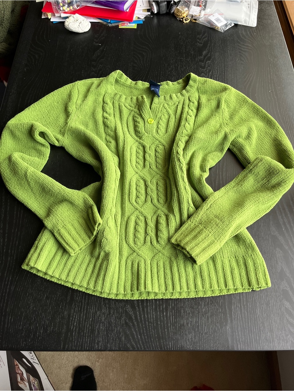 Basic Editions Lime Green Cable Knit Crewneck Sweater